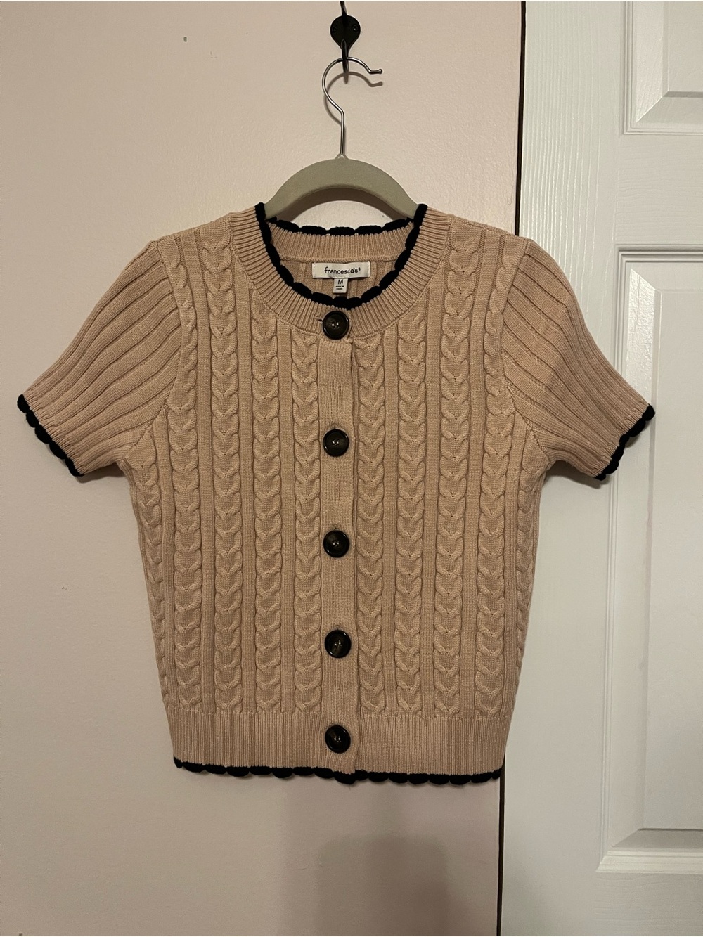 Francesca's Collections Beige Cable-Knit Short Sleeve Cardigan Size M